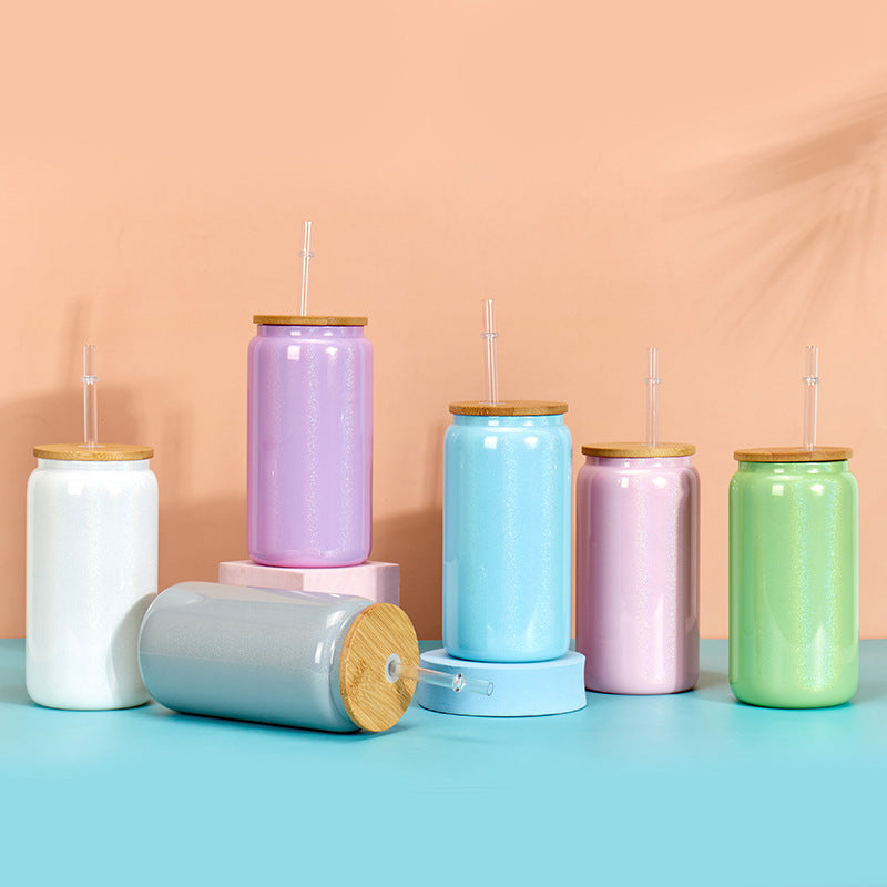 gradient 16oz sublimation glitter glass can jar glass sublimation shinny tumbler with bamboo lids