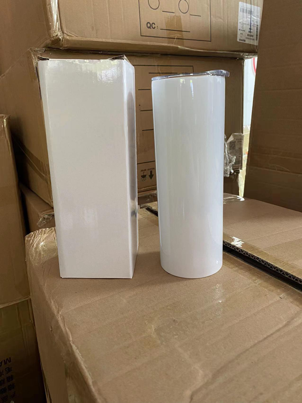 20oz Flat Edge White sublimation Straight Skinny Tumbler Blanks with Plastic Straws -50pcs