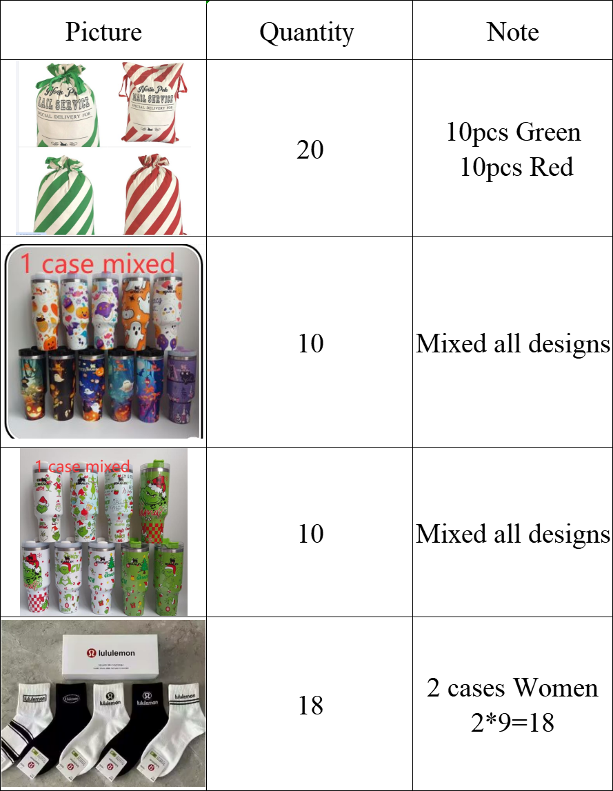 20pcs 40oz Stanley tumblers & 20pcs Christmas bags & 18 cases lulu sock