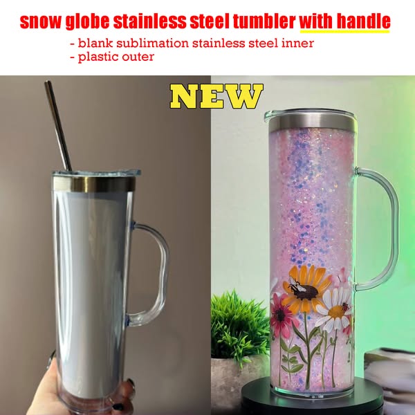 20oz Stainless Steel White Sublimation Snow Globe Skinny Tumblers With Acrylic Handle -25pcs
