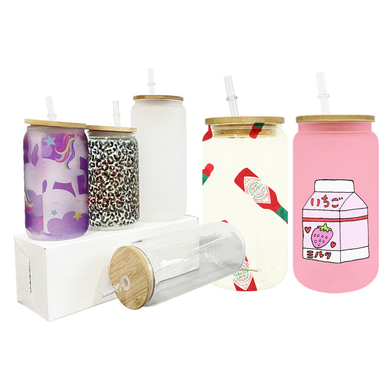 50pcs 16oz sublimation frosted glass can mugs with bamboo lids and plastic straws