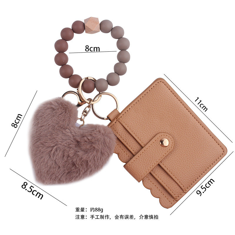 Silicone Beads Elastic Bracelet Wristlet Keychain and Pocket Card Holder with Plush heart shape -50pcs
