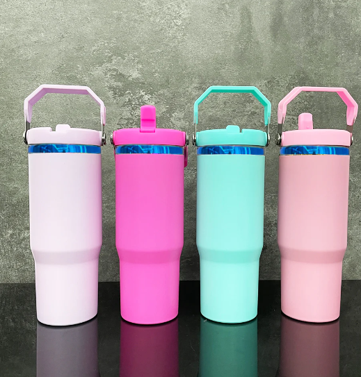 30oz Blue underneath powder coated flip straw water bottle for laser engraved-25pcs