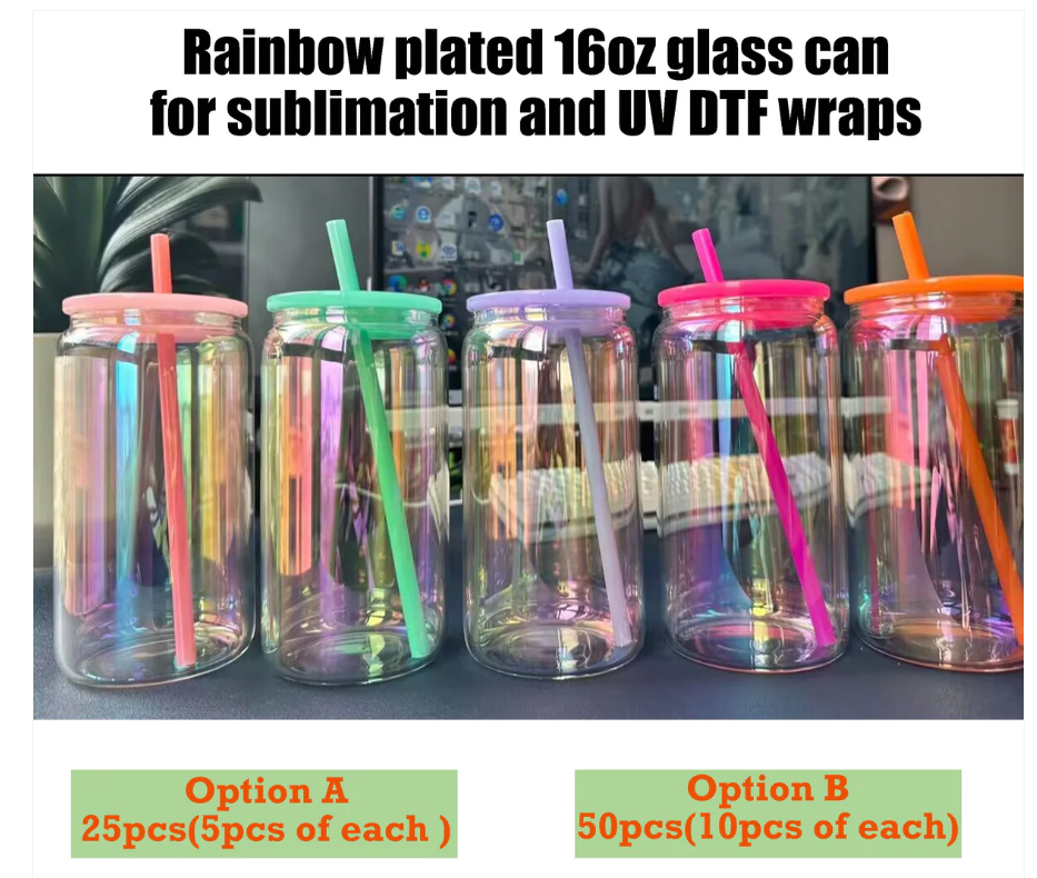 16oz Rainbow Iridescent Glass Cans for Sublimation and UV DTF WRAPS