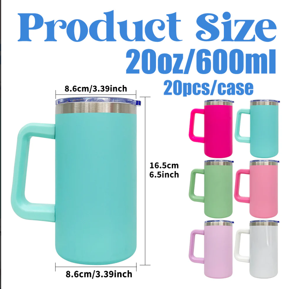 20oz Blank Sublimation Stainless Steel Coffee Tumblers with Removable Plastic Handle - 20pcs