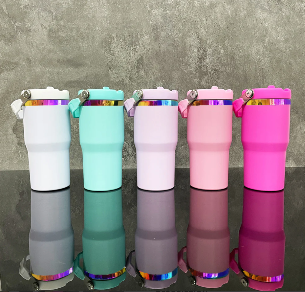 20oz Rainbow Plated Flip Straw Power Coated Kids School Tumbler For Laser Engraving-25PCS