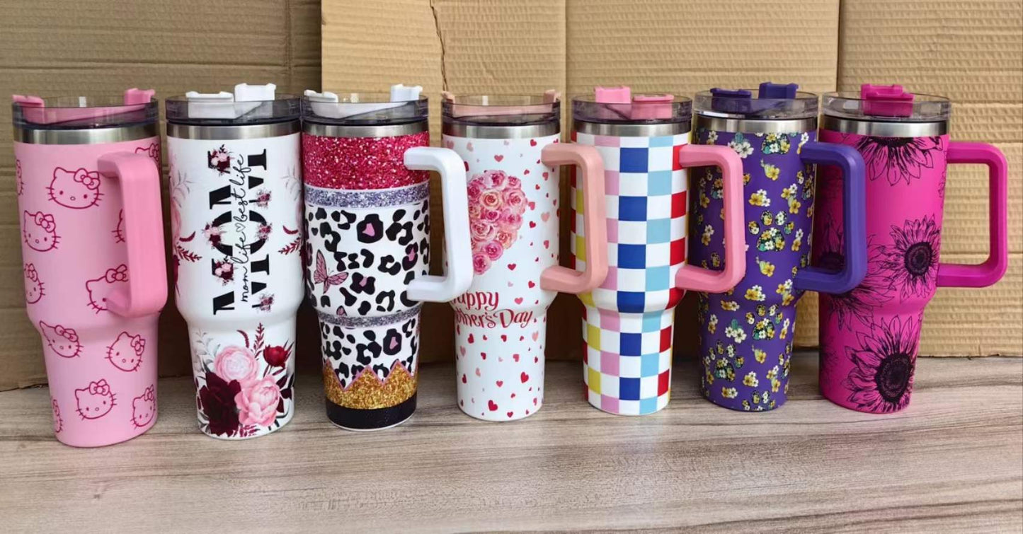 25pcs 40oz Mother Day print Insulated Stainless Steel Tumbler with Handle and Straw