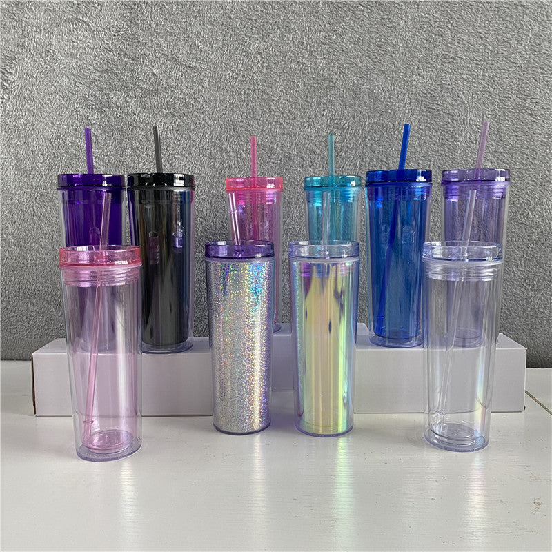 16oz Wholesale Double Walled Clear Skinny Tumbler Acrylic Plastic Cup In Bulk with Straw