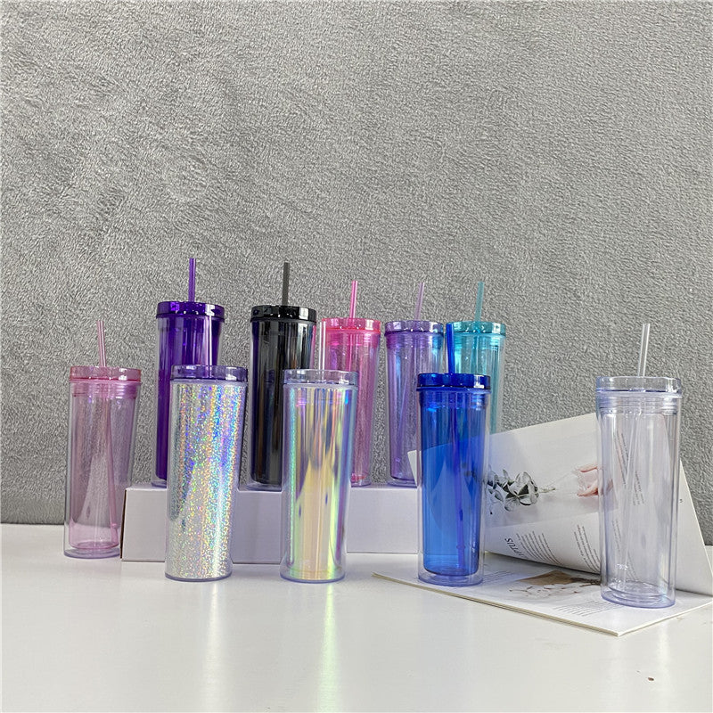 16oz Wholesale Double Walled Clear Skinny Tumbler Acrylic Plastic Cup In Bulk with Straw