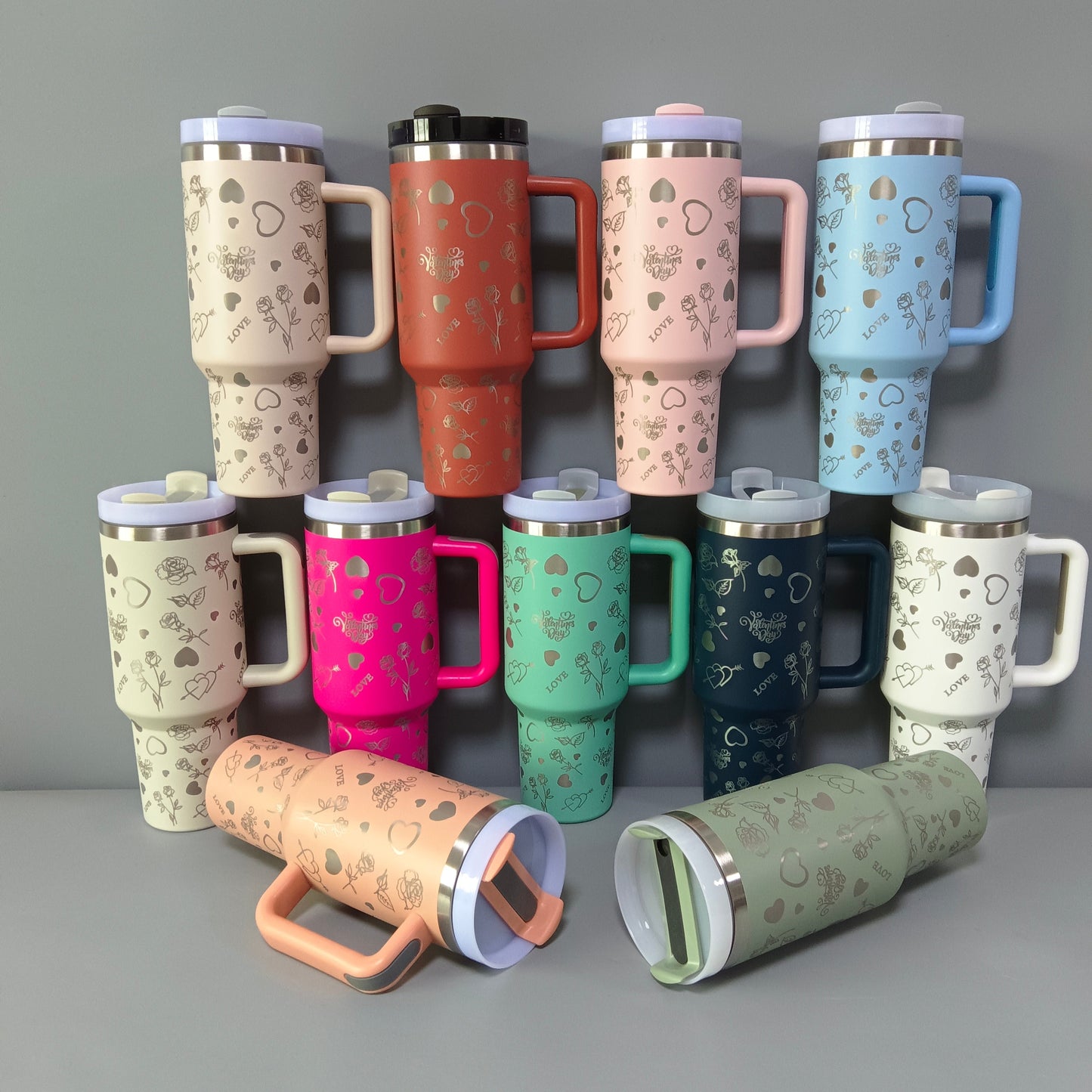 Copy of 25pcs pack 40oz Valentine's day Roae and Heart Laser Insulated Stainless Steel Tumbler with Handle and Straw