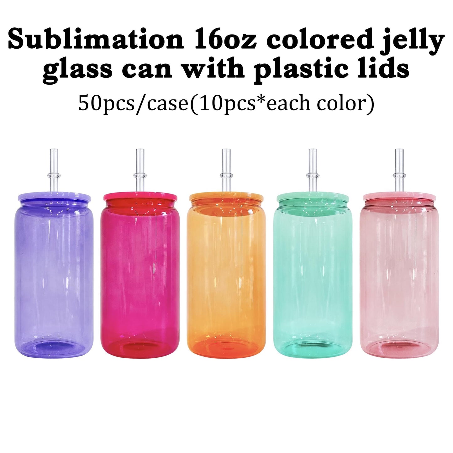 50pcs pack New 16oz Colored Jelly blank sublimation glass cans in candy colors with PP lids