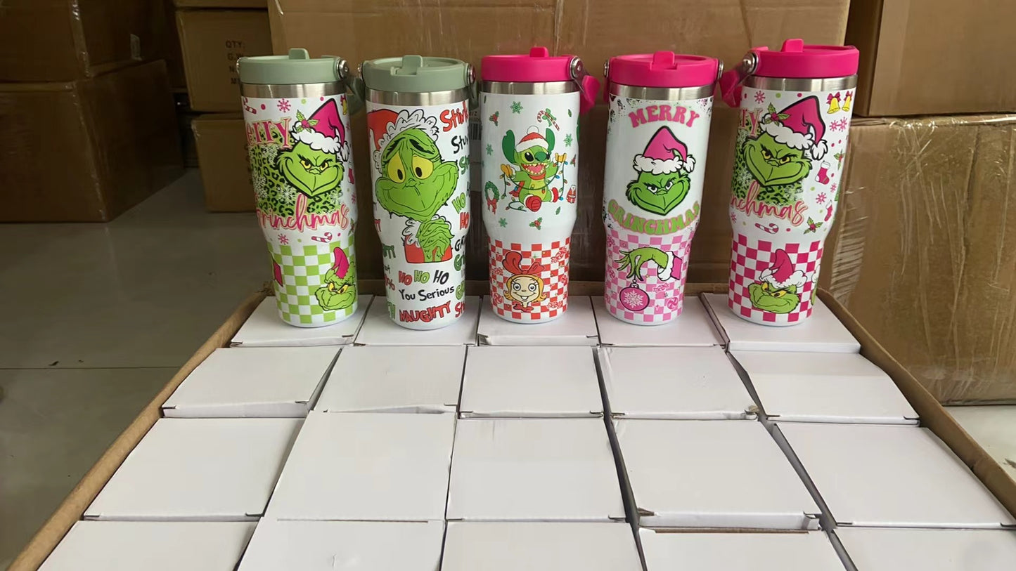 25pcs 30oz Grinch Christmas Flip Straw Tumbler & 50pcs 12" Grinch Plush Dolls - By air