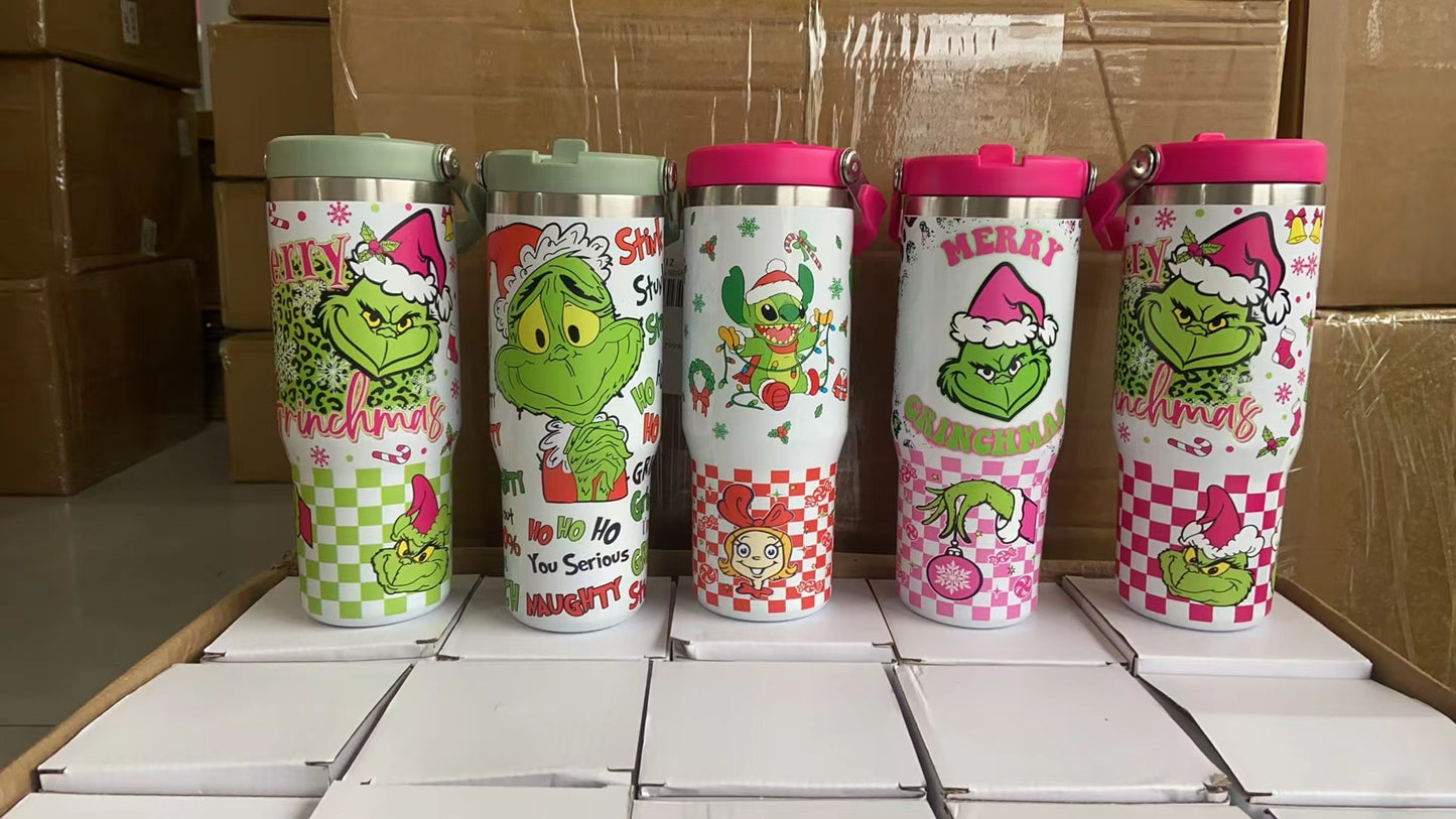 25pcs 30oz Grinch Christmas Flip Straw Tumbler & 50pcs 12" Grinch Plush Dolls - By air