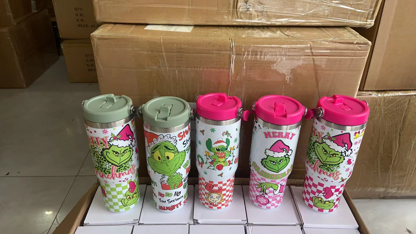 25pcs 30oz Grinch Christmas Flip Straw Tumbler & 50pcs 12" Grinch Plush Dolls - By air