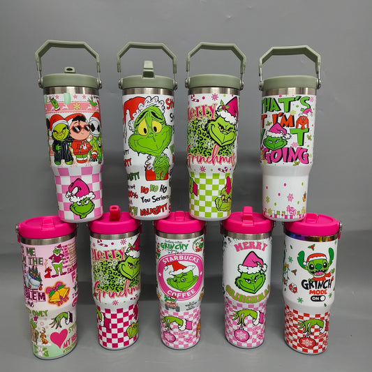 25pcs 30oz Grinch Christmas Flip Straw Tumbler & 50pcs 12" Grinch Plush Dolls - By air