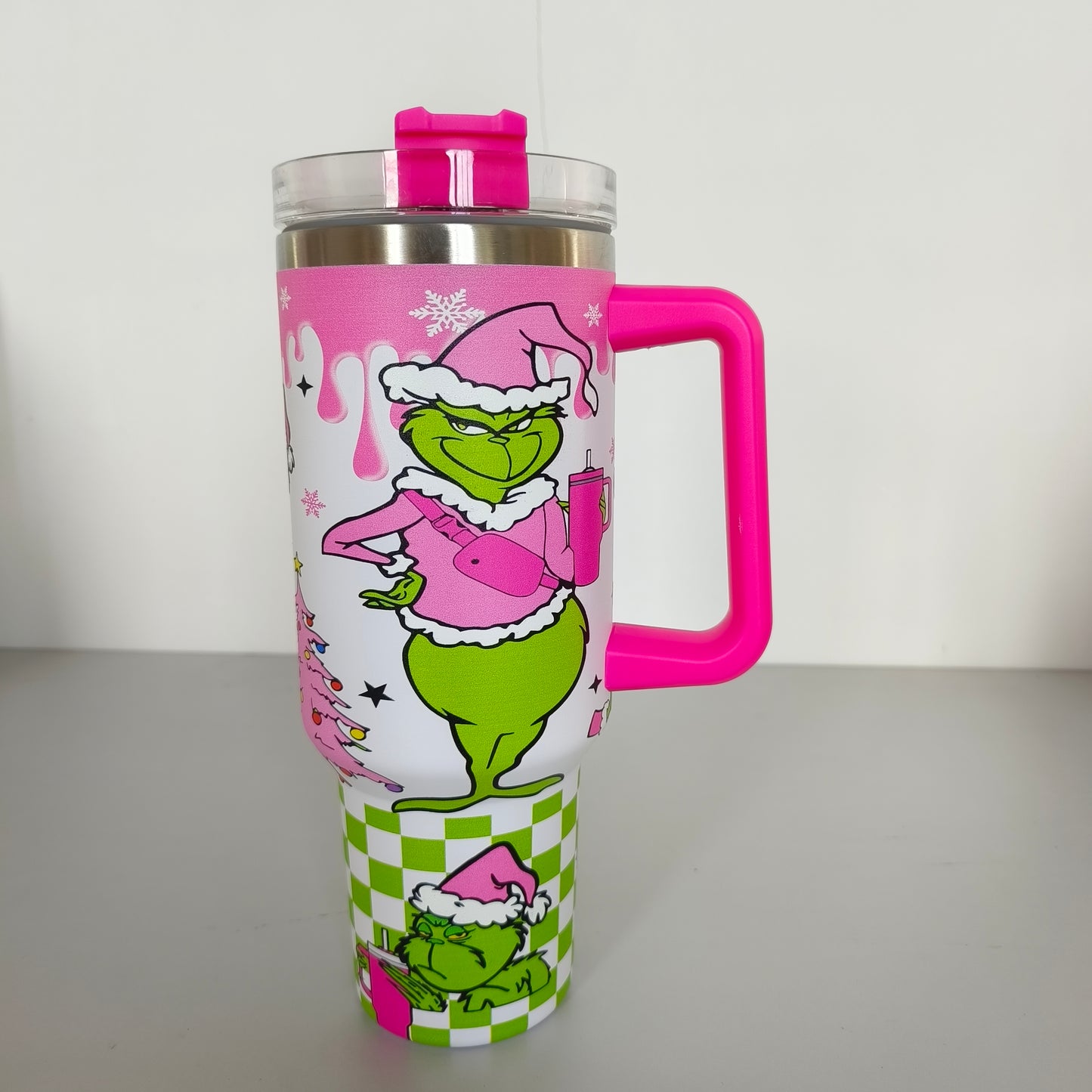 25pcs - 40oz grinch print Insulated Stainless Steel Tumbler with Handle and Straw