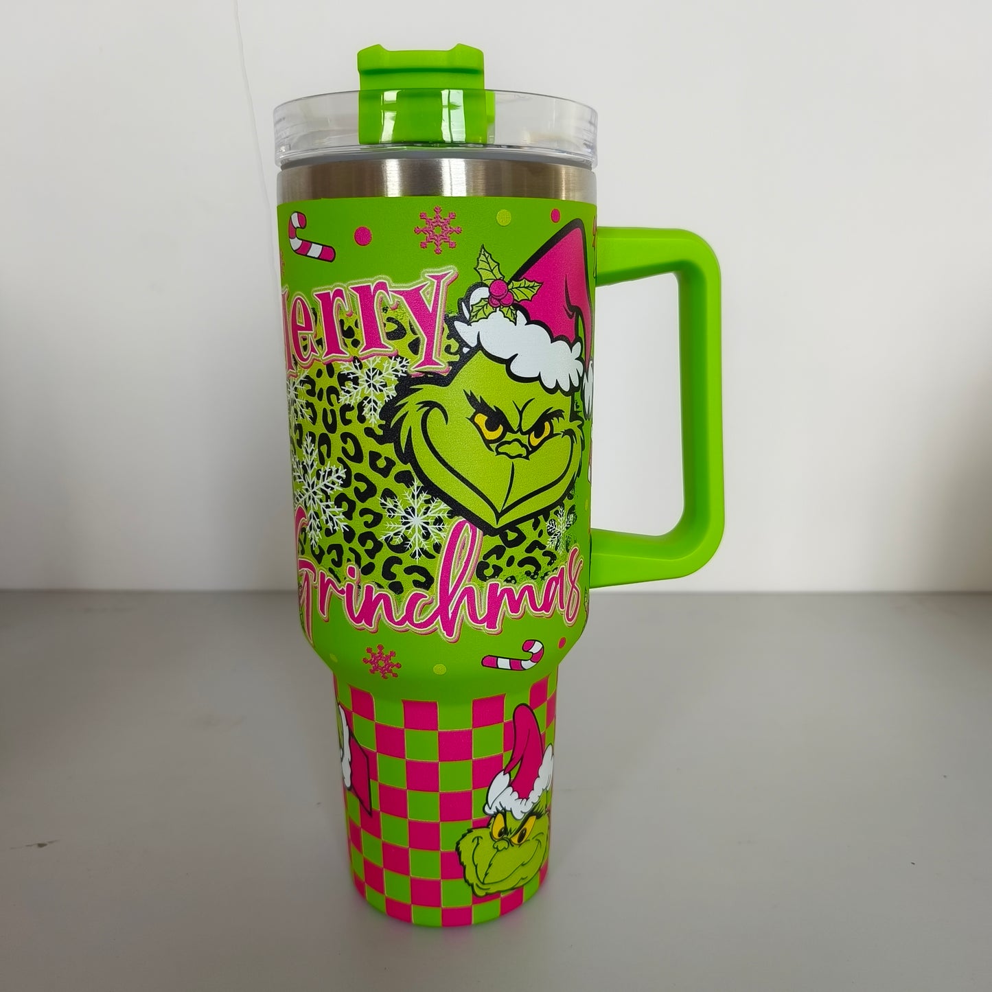 25pcs - 40oz grinch print Insulated Stainless Steel Tumbler with Handle and Straw