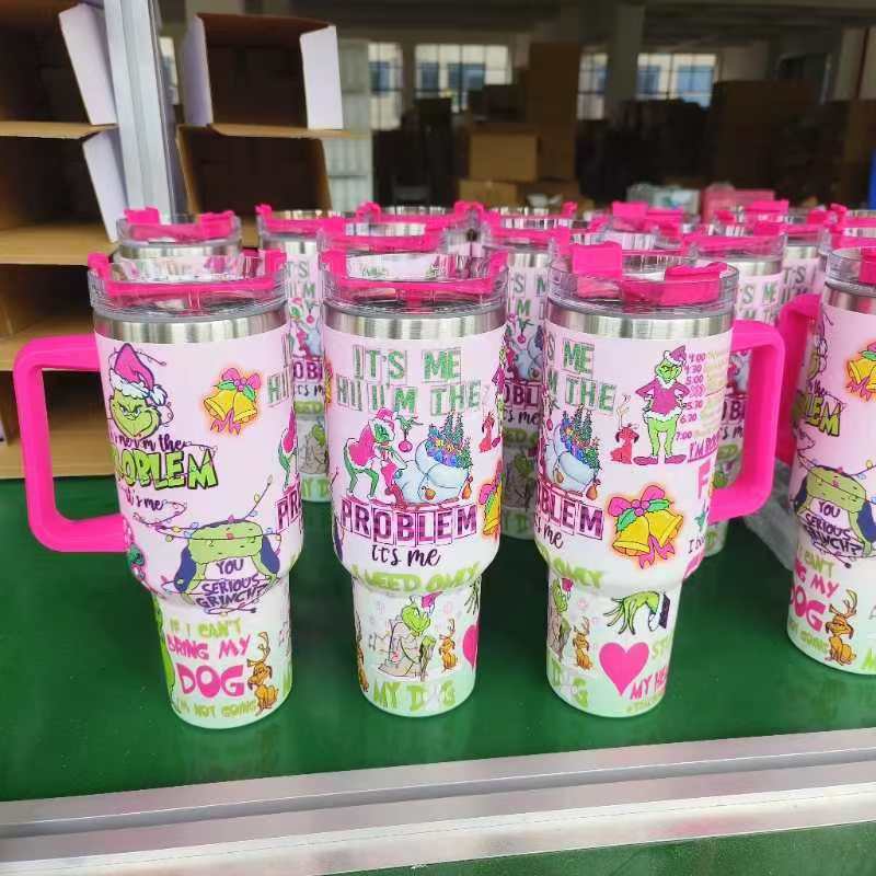 25pcs - 40oz grinch print Insulated Stainless Steel Tumbler with Handle and Straw