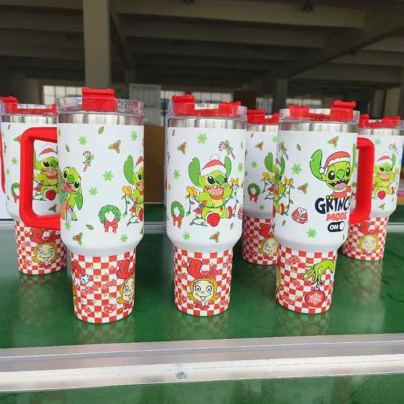 25pcs - 40oz grinch print Insulated Stainless Steel Tumbler with Handle and Straw