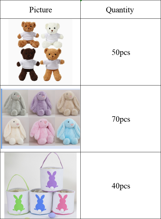 50pcs Teddy Bears with removable Blank Sublimation Shirts & 70pcs 25cm Bunny & 40pcs Easter Baskets