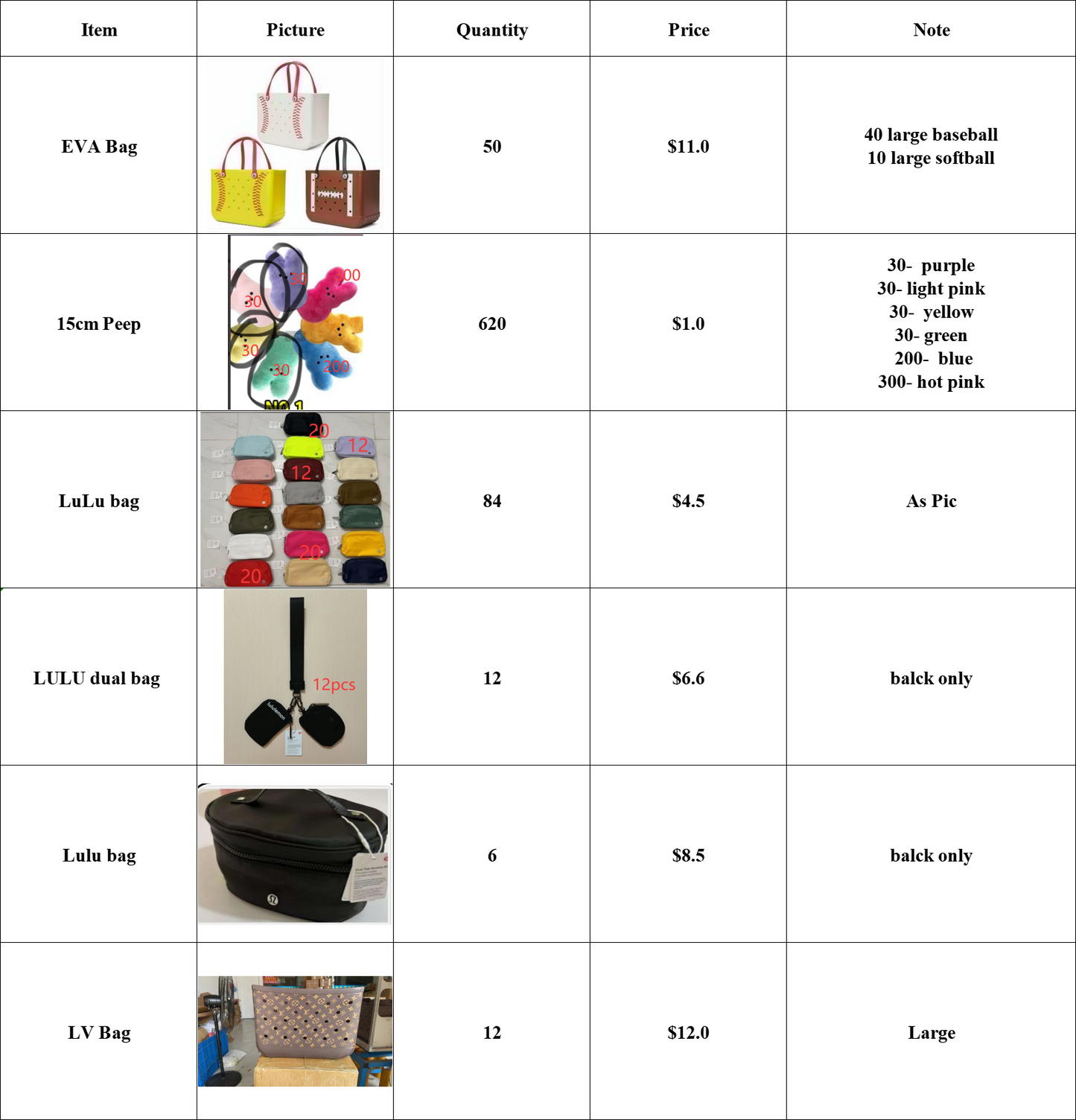 62pcs EVA Bag Large & 102pcs LULU Bag & 620pcs 15cm peep - As Picture