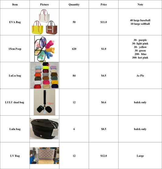 62pcs EVA Bag Large & 102pcs LULU Bag & 620pcs 15cm peep - As Picture