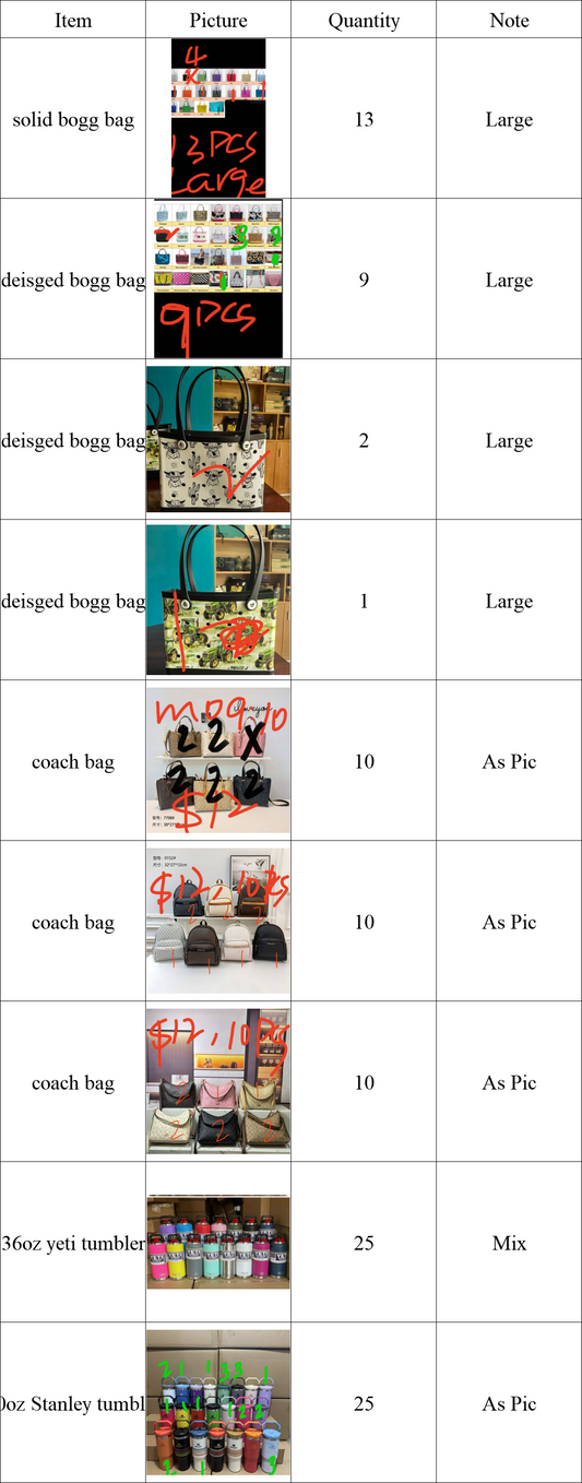 25pcs Large bogg bag & 30pcs coach bag & 50pcs cup
