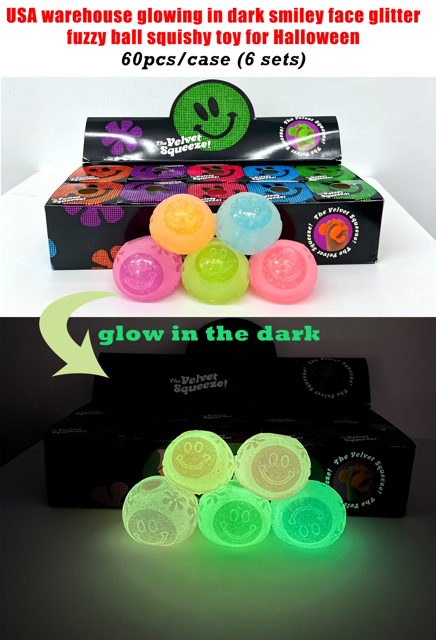 USA warehouse Glow in Dark Smiley Face Glitter Fuzzy Ball Squishy Toys -60pcs