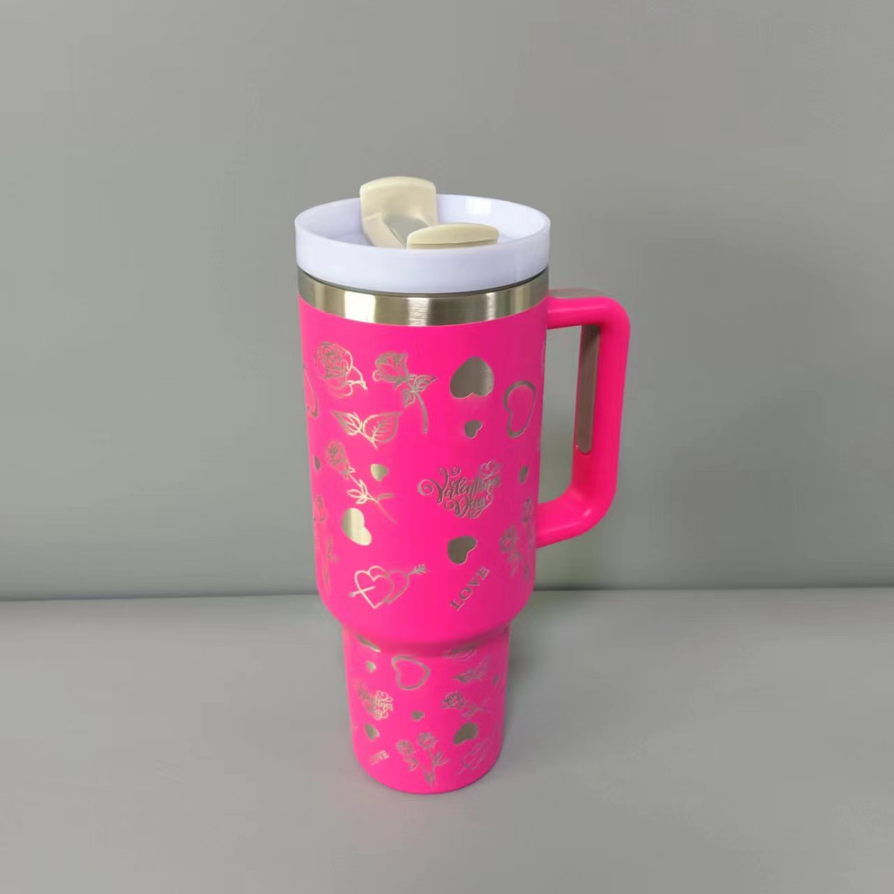 40oz Valentine's day Roae and Heart Laser Insulated Stainless Steel Tumbler with Handle and Straw