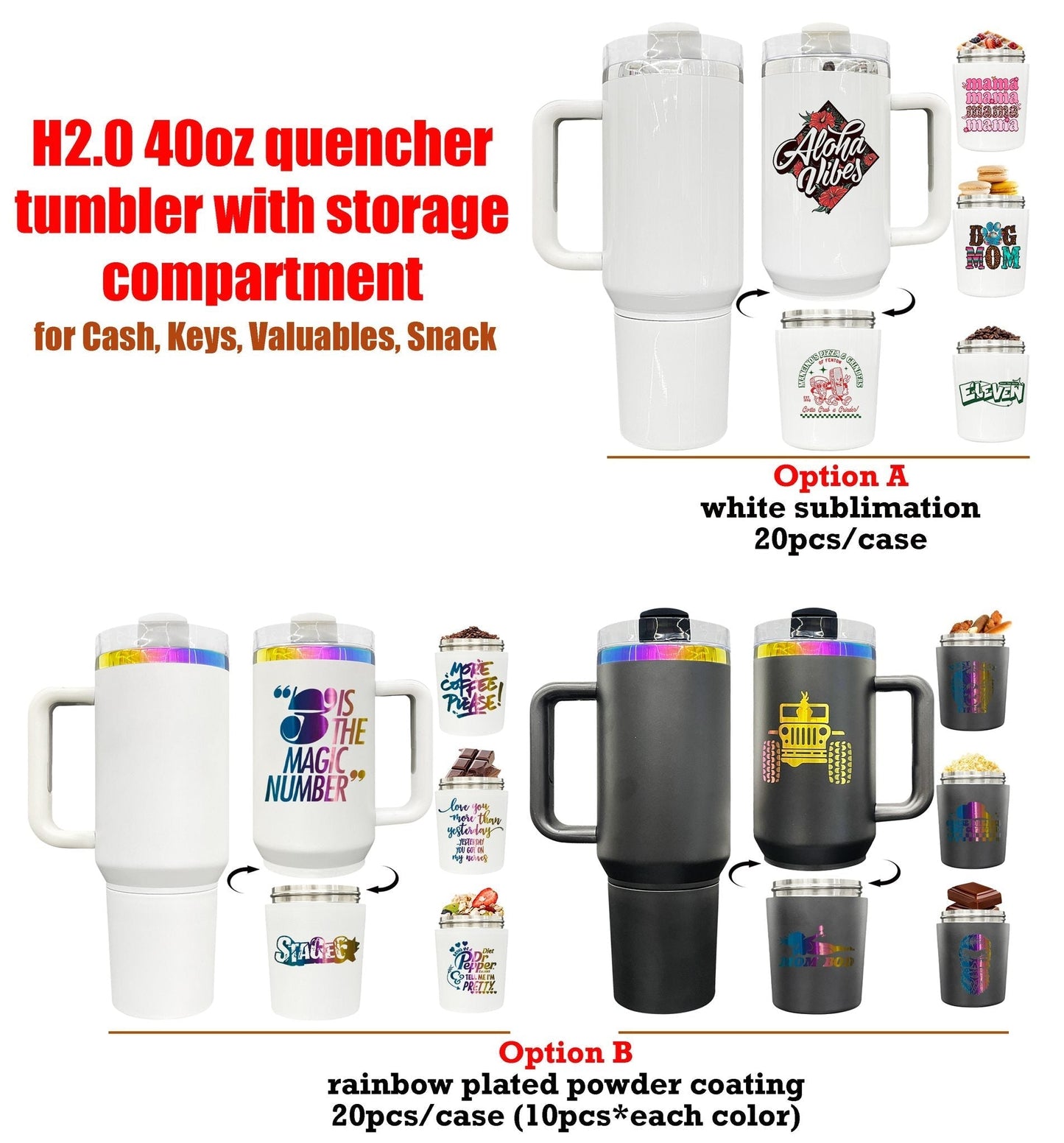 USA RTS 40oz 2 in 1  sublimation tumbler with snack storage compartment-20pcs