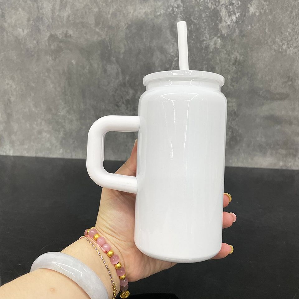 16oz Sublimation White Blank Kids Stainless Steel Can with Colored Handle and Lids-25pcs