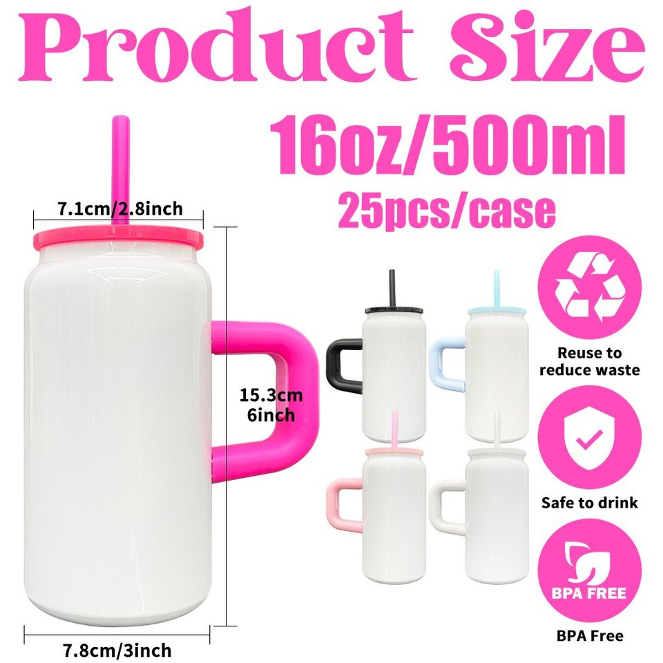 16oz Sublimation White Blank Kids Stainless Steel Can with Colored Handle and Lids-25pcs