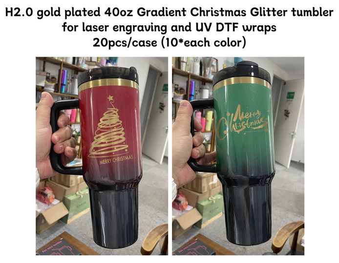 40oz Gold Plate Sparkly Elphaba Green Red Ombre H2.0 Quencher Tumblers for Laser Engraving -20pcs