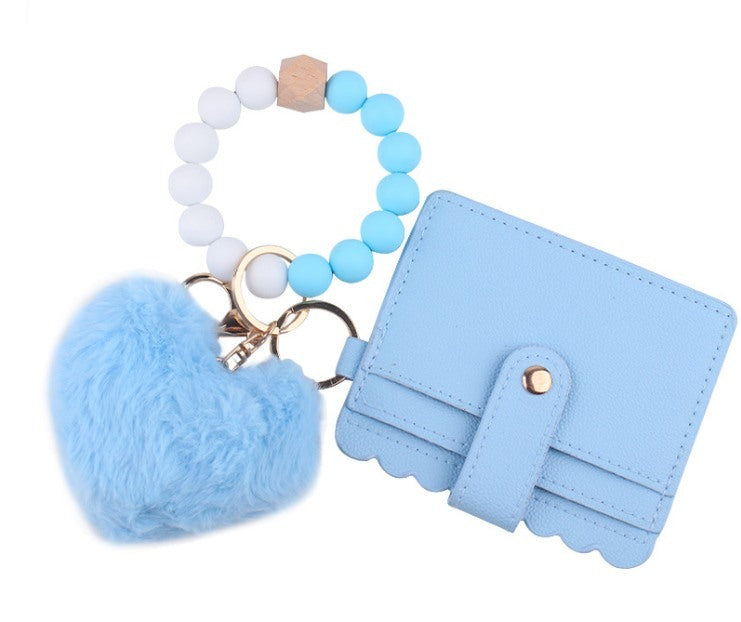 Silicone Beads Elastic Bracelet Wristlet Keychain and Pocket Card Holder with  Plush heart shape -50pcs