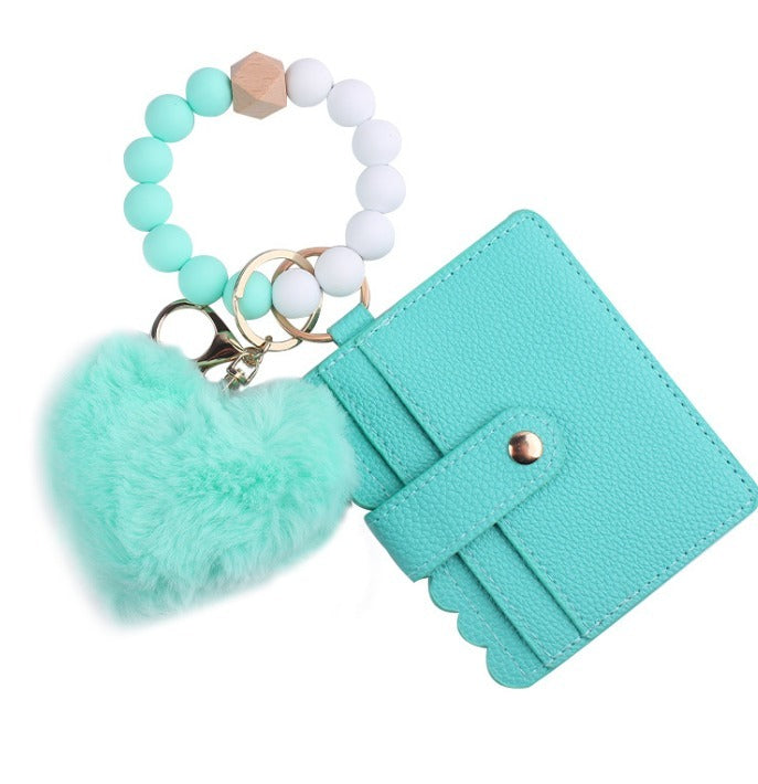 Silicone Beads Elastic Bracelet Wristlet Keychain and Pocket Card Holder with  Plush heart shape -50pcs