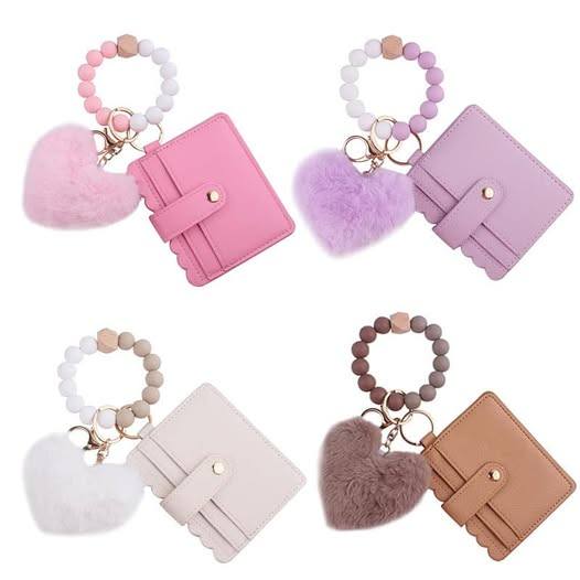 Silicone Beads Elastic Bracelet Wristlet Keychain and Pocket Card Holder with  Plush heart shape -50pcs