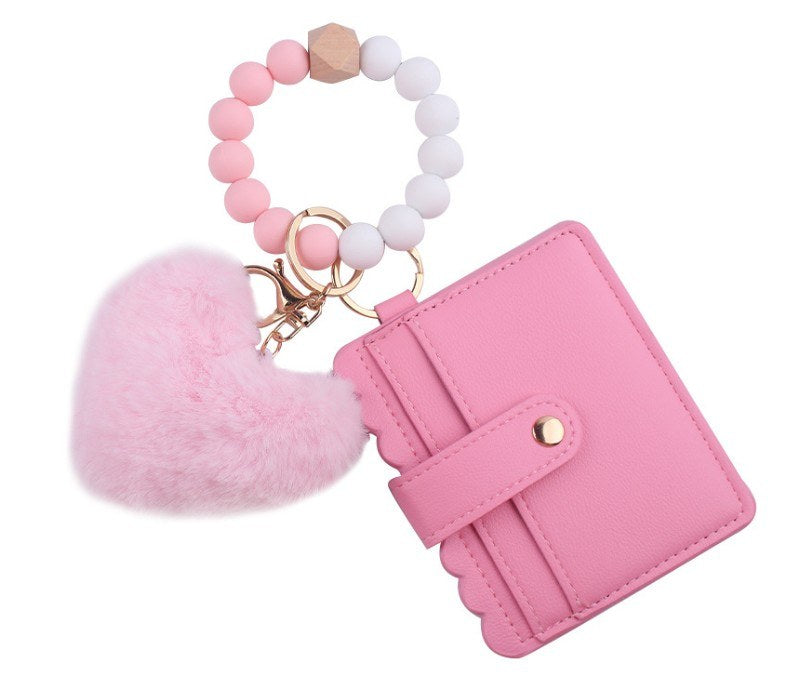 Silicone Beads Elastic Bracelet Wristlet Keychain and Pocket Card Holder with  Plush heart shape -50pcs