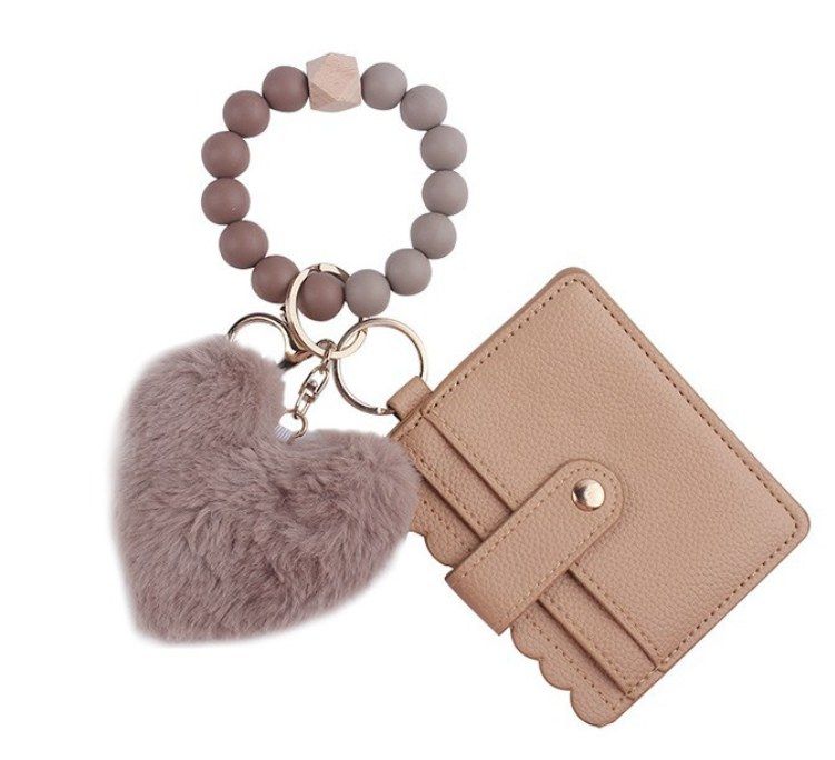 Silicone Beads Elastic Bracelet Wristlet Keychain and Pocket Card Holder with  Plush heart shape -50pcs