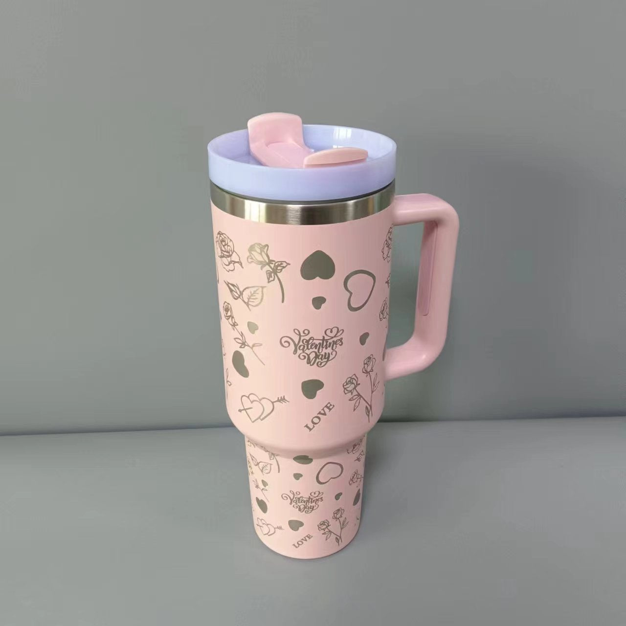 40oz Valentine's day Roae and Heart Laser Insulated Stainless Steel Tumbler with Handle and Straw