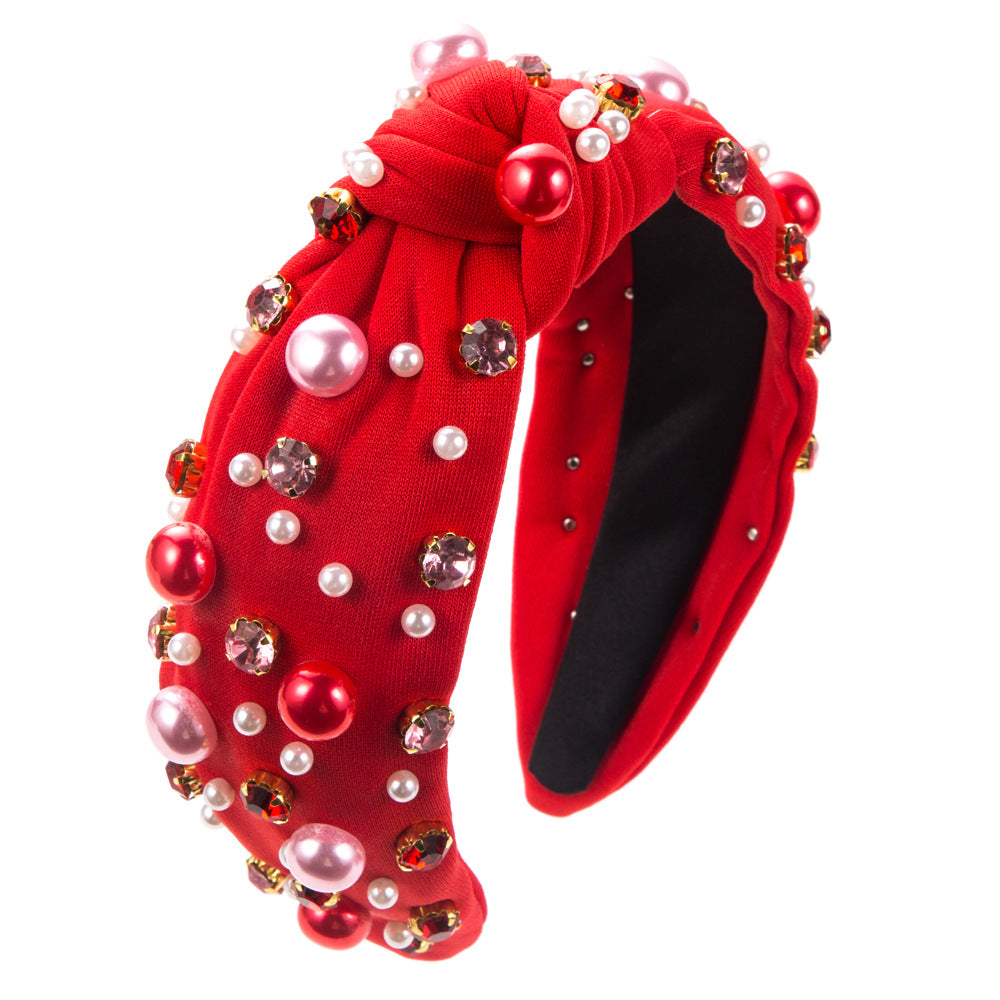 New Fashion Valentine'S Day Rhinestone Pearl Knotted Headband Temperament Hair Accessories for Women