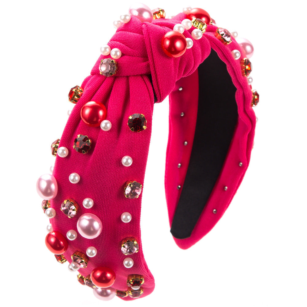 New Fashion Valentine'S Day Rhinestone Pearl Knotted Headband Temperament Hair Accessories for Women