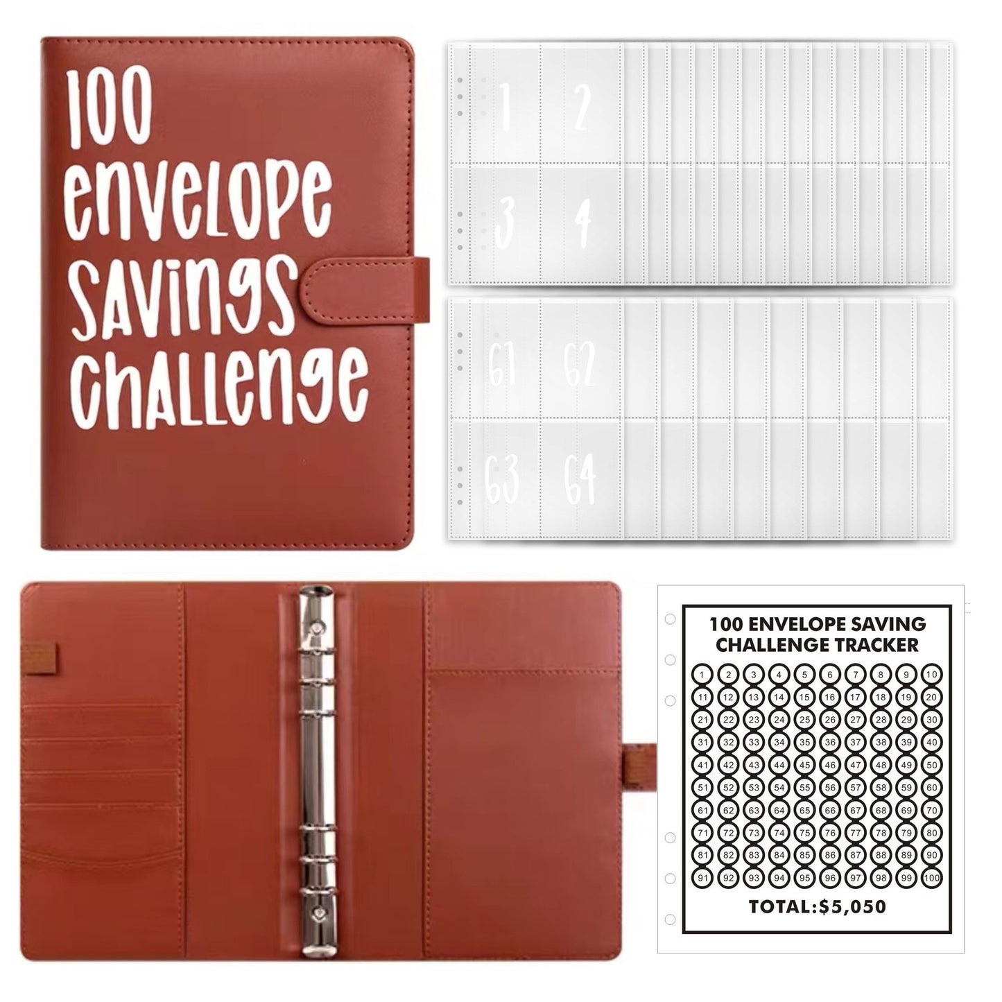 New 100 envelope savings challenge A5 Budget binder challenges card holder pu leather binder planner notebook for money saving