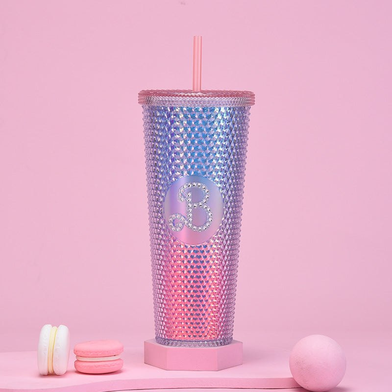 Wholesale Colorful Summer Pink Plastic Drinking Water Cup Double Wall Plastic Tumbler With Straw And Lid For Woman