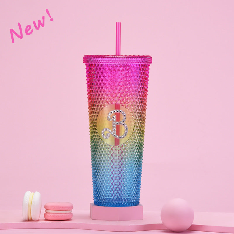 Wholesale Colorful Summer Pink Plastic Drinking Water Cup Double Wall Plastic Tumbler With Straw And Lid For Woman