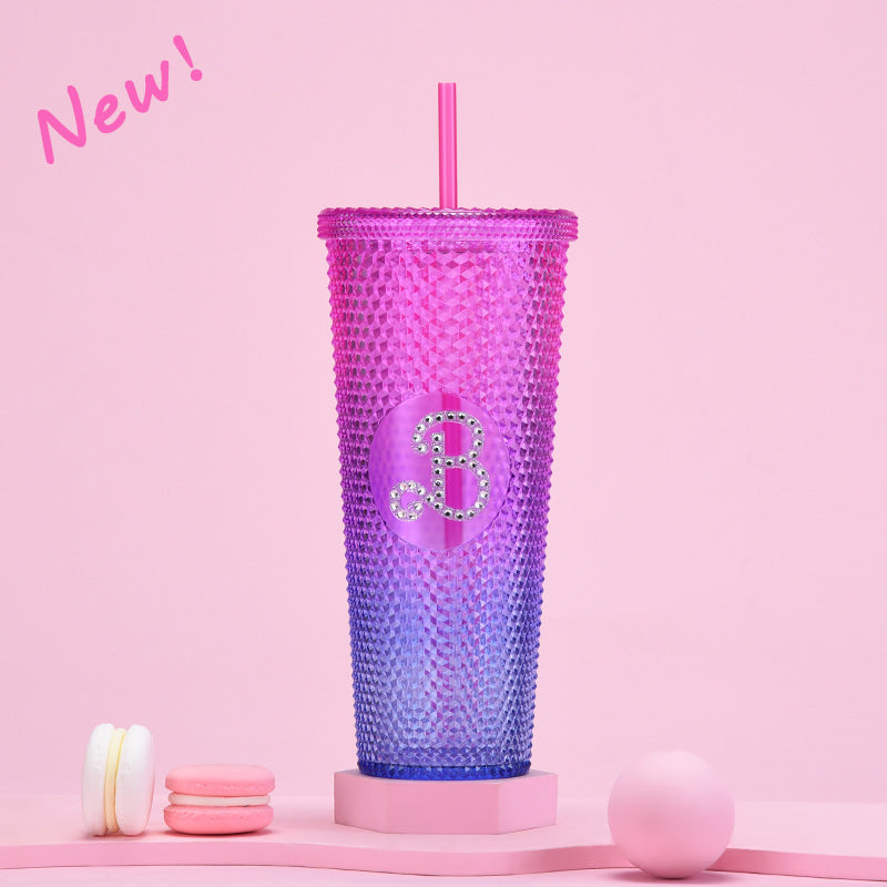 Wholesale Colorful Summer Pink Plastic Drinking Water Cup Double Wall Plastic Tumbler With Straw And Lid For Woman