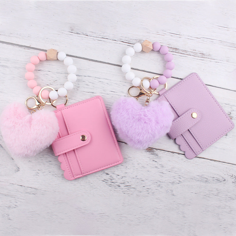 Silicone Beads Elastic Bracelet Wristlet Keychain and Pocket Card Holder with  Plush heart shape -50pcs