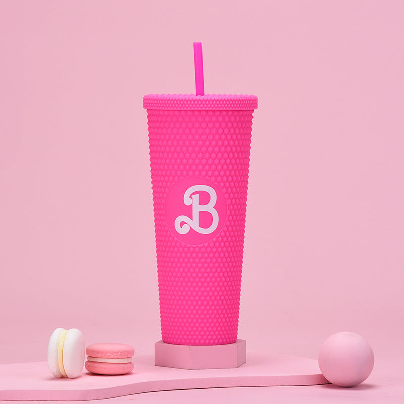 Wholesale Colorful Summer Pink Plastic Drinking Water Cup Double Wall Plastic Tumbler With Straw And Lid For Woman