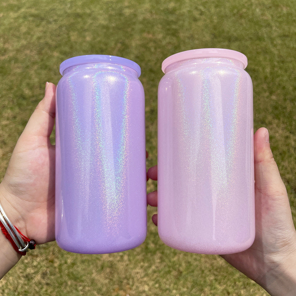 USA RTS- 16oz Holographic Shimmer White Glitter Blank Sublimation with Plastic PP Lid-50pcs