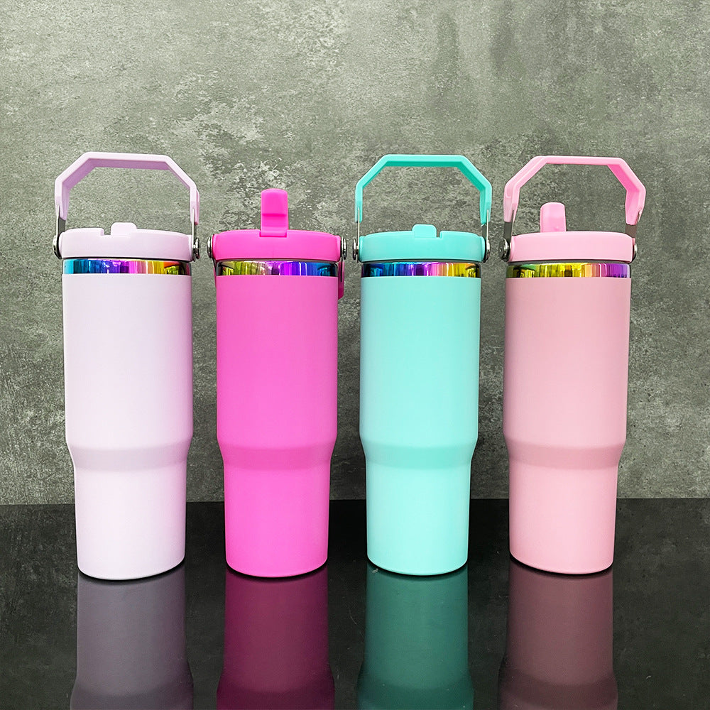 USA RTS 30oz Rainbow Plated Flip Straw Power Coted Kids School Tumbler For Laser Engraving-20PCS