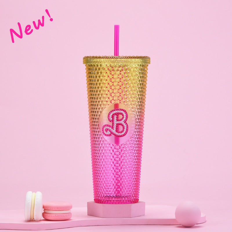 Wholesale Colorful Summer Pink Plastic Drinking Water Cup Double Wall Plastic Tumbler With Straw And Lid For Woman